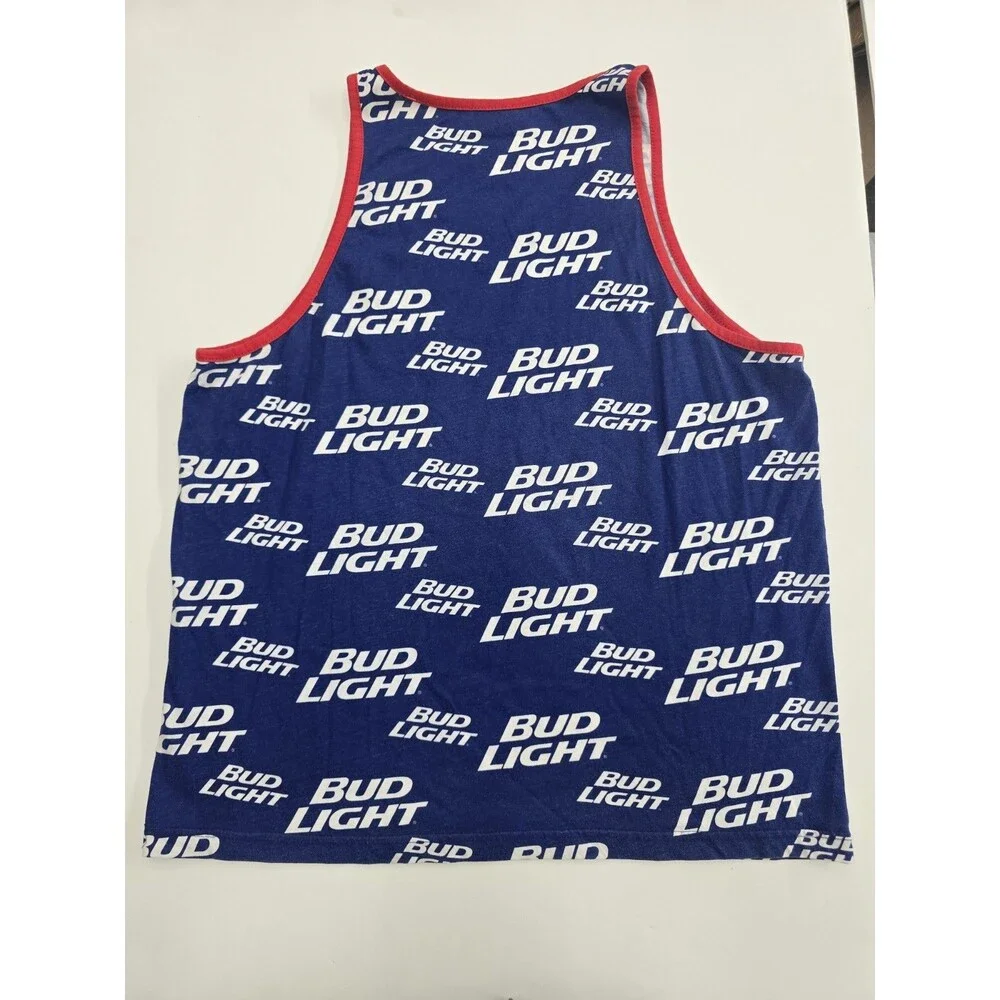 Bud Light Beer Men's Tank Top All Over Print Logo Blue Red Trim Size XL 46/48